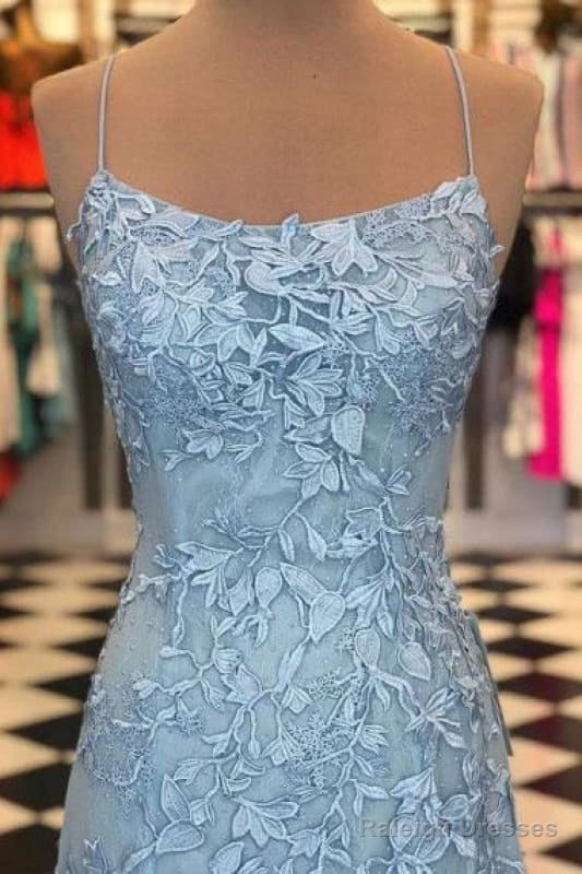 Light Blue Appliques Spaghetti Straps Lace-Up Mermaid Prom Dresses