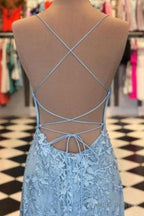 Light Blue Appliques Spaghetti Straps Lace-Up Mermaid Prom Dresses