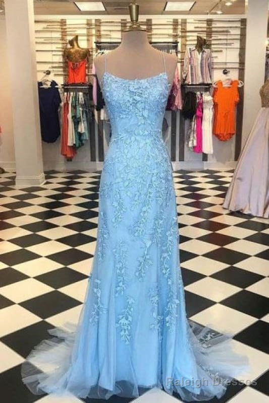 Light Blue Appliques Spaghetti Straps Lace-Up Mermaid Prom Dresses