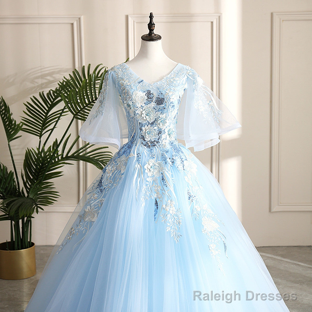 Light Blue Ball Gown V-Neckline Puffy Sleeves Party Dress, Light Blue Prom Dress