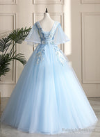 Light Blue Ball Gown V-Neckline Puffy Sleeves Party Dress, Light Blue Prom Dress