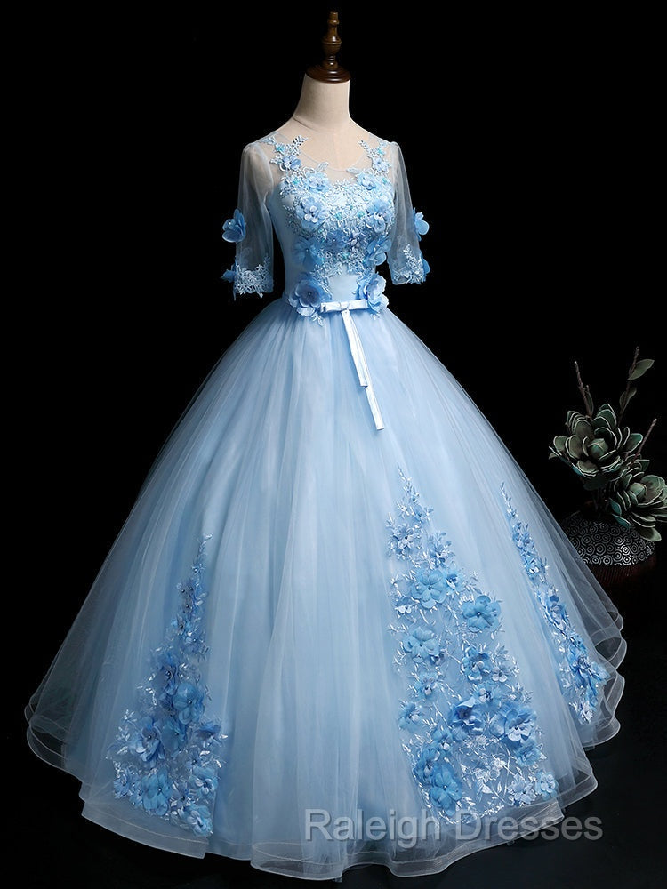 Light Blue Ball Gown With Sleeves Party Dress, Blue Sweet 16 Dress