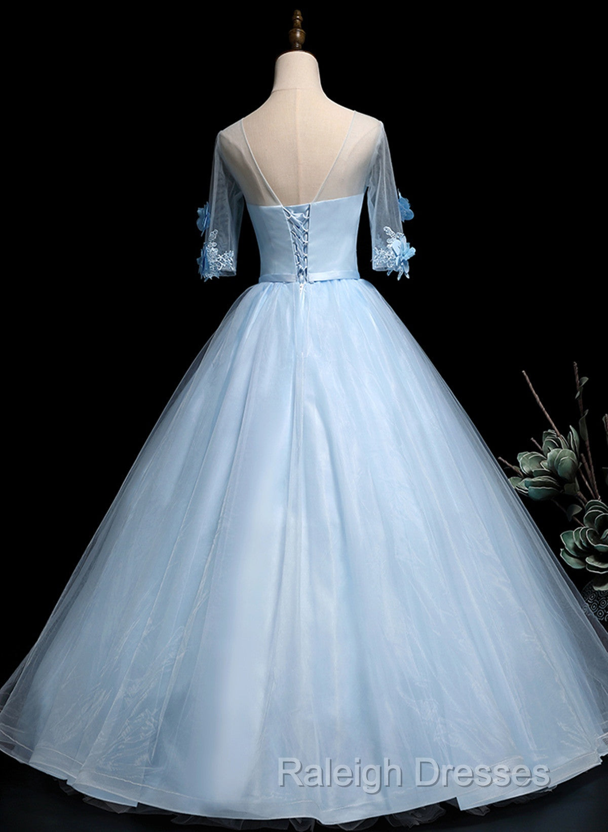 Light Blue Ball Gown With Sleeves Party Dress, Blue Sweet 16 Dress
