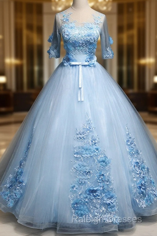 Light Blue Ball Gown With Sleeves Party Dress, Blue Sweet 16 Dress Main image