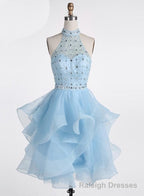 Light Blue Beaded Layers Knee Length Prom Dress, Blue Homecoming Dress Short Prom Dress