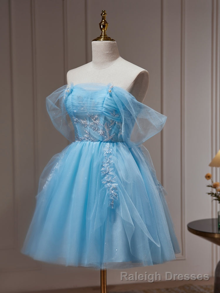Light Blue Beaded Sweetheart Tulle Lace-up Prom Dress, Blue Short Homecoming Dress