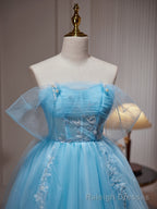 Light Blue Beaded Sweetheart Tulle Lace-up Prom Dress, Blue Short Homecoming Dress