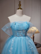 Light Blue Beaded Sweetheart Tulle Lace-up Party Dress, Blue Short Homecoming Dress
