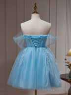 Light Blue Beaded Sweetheart Tulle Lace-up Prom Dress, Blue Short Homecoming Dress