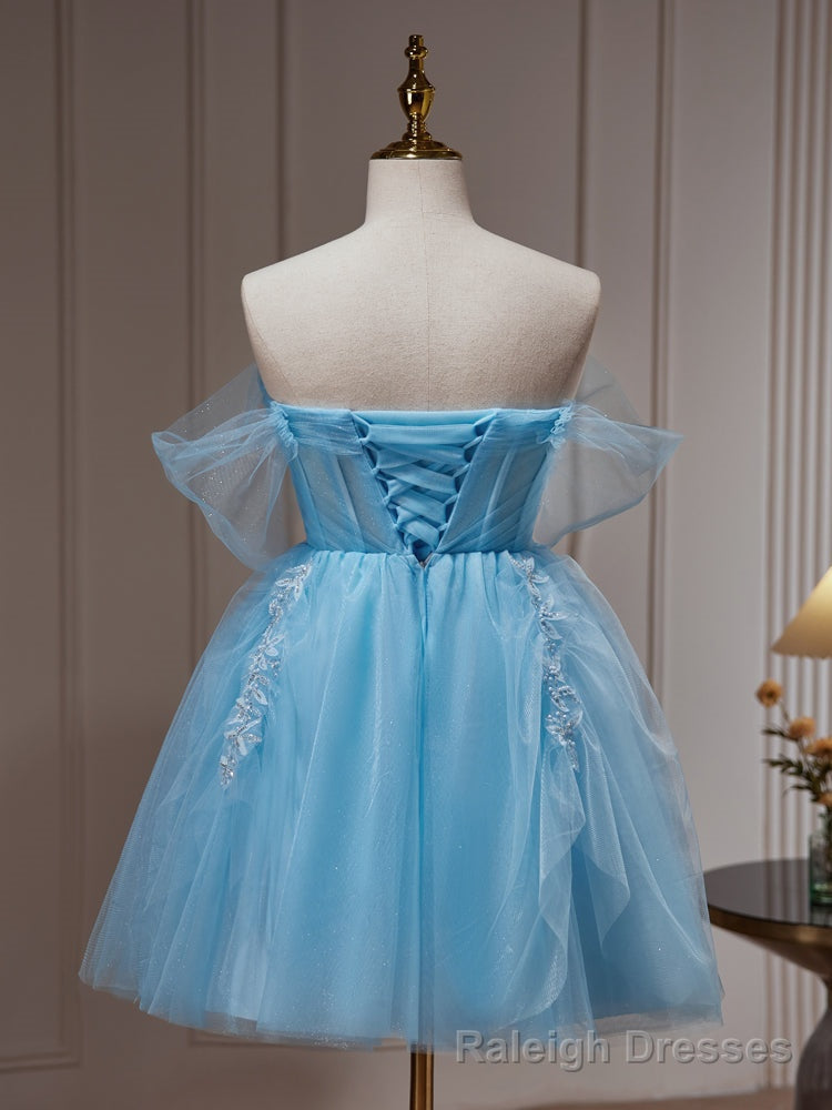 Light Blue Beaded Sweetheart Tulle Lace-up Prom Dress, Blue Short Homecoming Dress