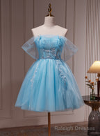 Light Blue Beaded Sweetheart Tulle Lace-up Prom Dress, Blue Short Homecoming Dress