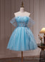 Light Blue Beaded Sweetheart Tulle Lace-up Prom Dress, Blue Short Homecoming Dress