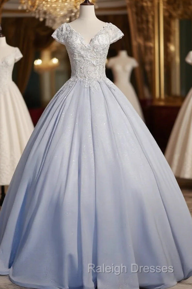 Light Blue Cap Sleeves Lace Top Ball Gown Sweet 16 Gown, Light Blue Prom Dress Formal Dress Main image