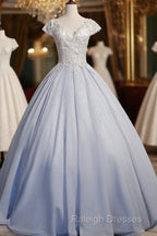 Light Blue Cap Sleeves Lace Top Ball Gown Sweet 16 Gown, Light Blue Prom Dress Formal Dress