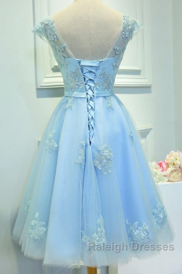 Light Blue Cap Sleeves Tea Length Vintage Style Formal Dress, Blue Homecoming Dresses Secondary image