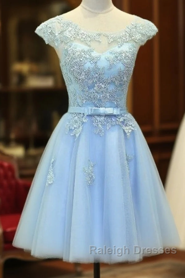 Light Blue Cap Sleeves Tea Length Vintage Style Formal Dress, Blue Homecoming Dresses Main image