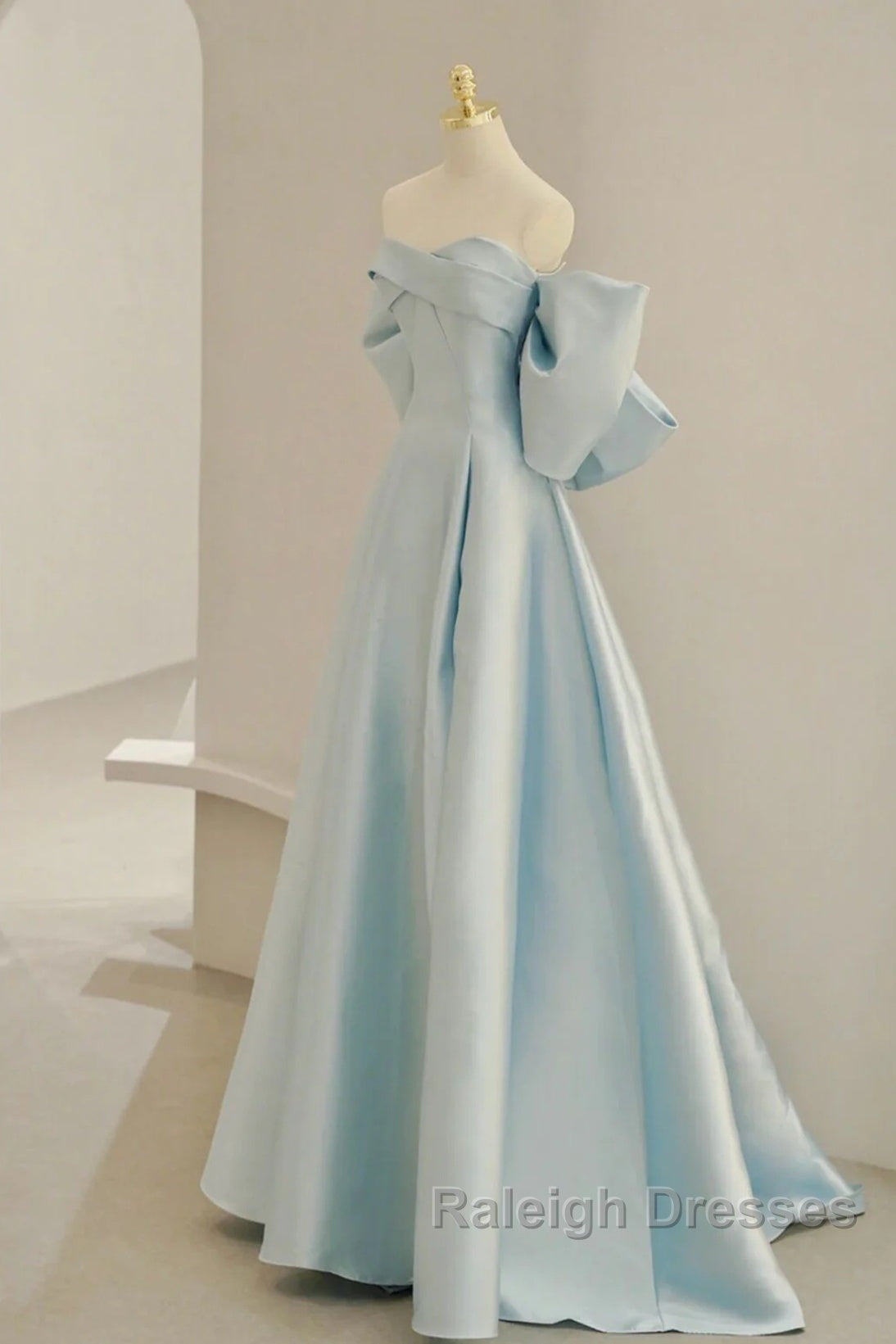 Light Blue Chic Satin Off Shoulder Long Party Dress, A-Line Light Blue Formal Dress Secondary image