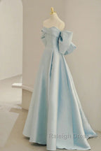 Light Blue Chic Satin Off Shoulder Long Party Dress, A-Line Light Blue Formal Dress