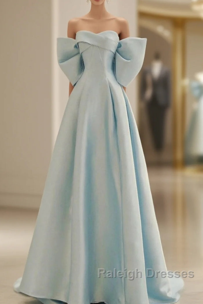 Light Blue Chic Satin Off Shoulder Long Party Dress, A-Line Light Blue Formal Dress Main image