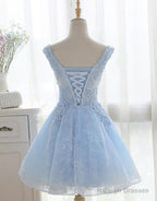 Light Blue Cute V-Neckline Lace Short Prom Dresses Lace Prom Dresses Lace Prom Dress