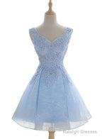 Light Blue Cute V-Neckline Lace Short Prom Dresses Lace Prom Dresses Lace Prom Dress