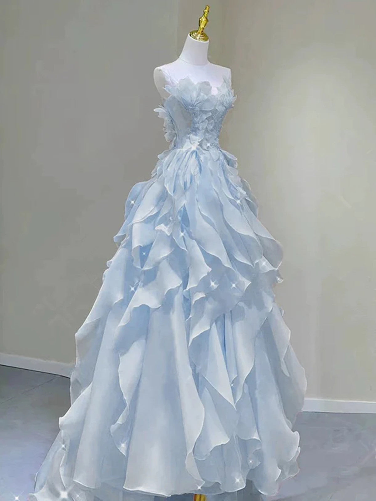 Light Blue Fashion Fairy Low Back Long Prom Dresses Light Blue Prom Dresses