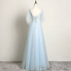 Light Blue Flower Lace V Neckline Puffy Sleeves Long Prom Dress, Blue Prom Dress