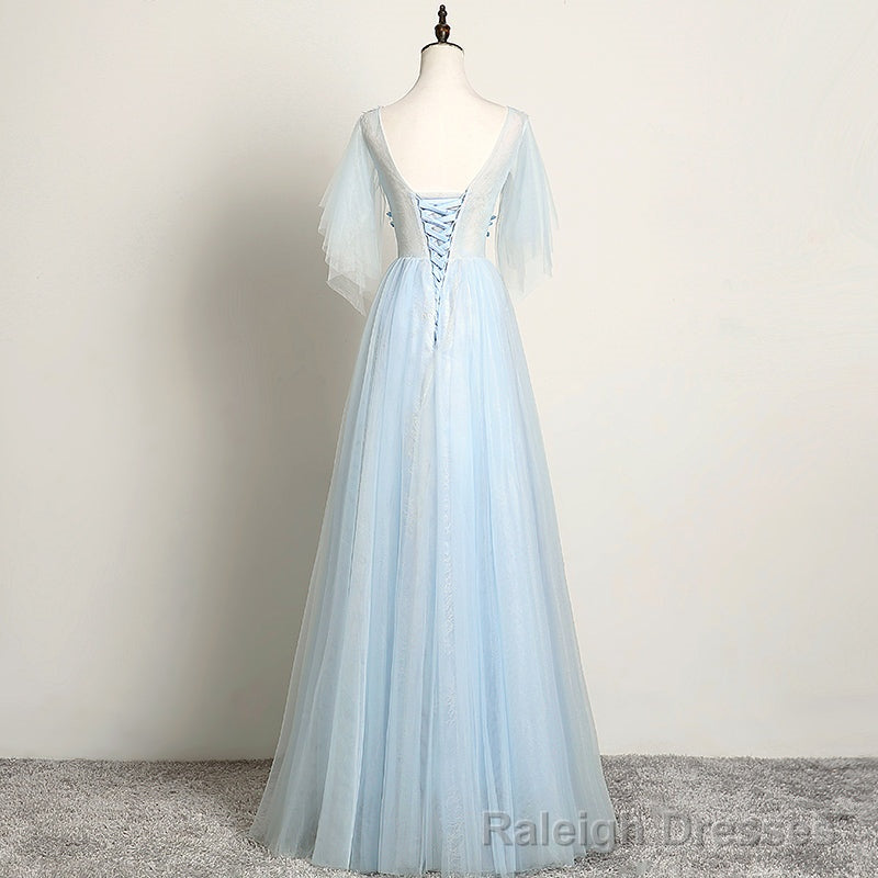 Light Blue Flower Lace V Neckline Puffy Sleeves Long Prom Dress, Blue Prom Dress