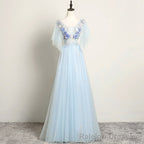 Light Blue Flower Lace V-neckline Puffy Sleeves Long Party Dress, Blue Prom Dress Evening Dress