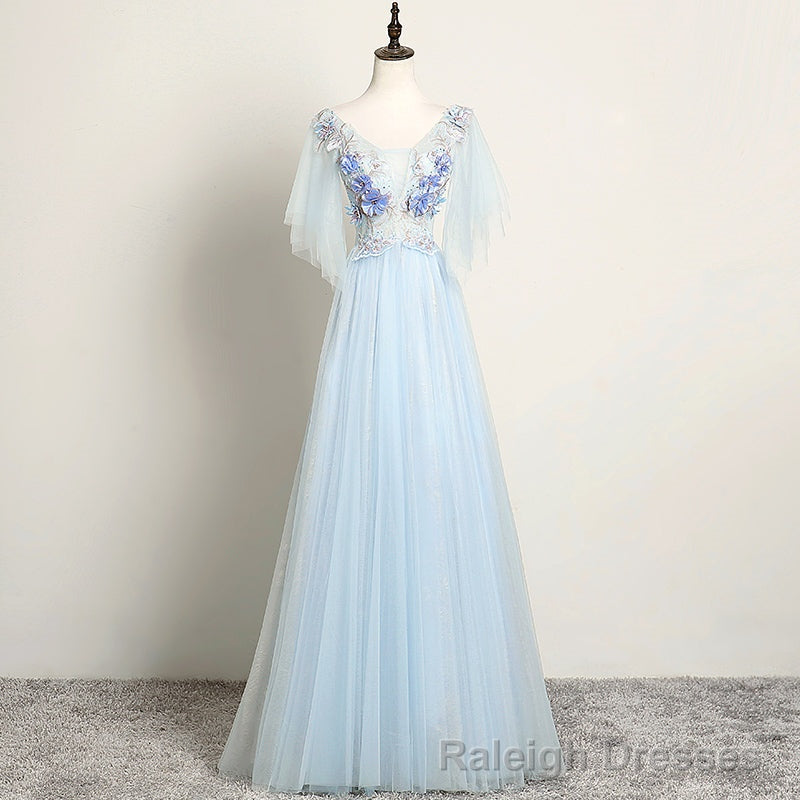 Light Blue Flower Lace V-neckline Puffy Sleeves Long Party Dress, Blue Prom Dress Evening Dress
