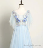 Light Blue Flower Lace V-neckline Puffy Sleeves Long Party Dress, Blue Prom Dress Evening Dress