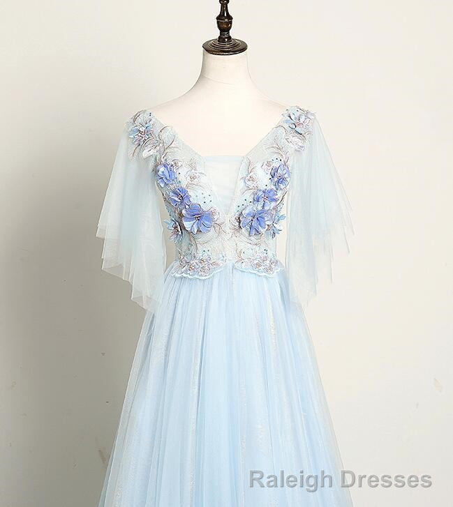 Light Blue Flower Lace V-neckline Puffy Sleeves Long Party Dress, Blue Prom Dress Evening Dress