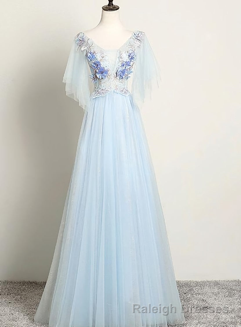 Light Blue Flower Lace V-neckline Puffy Sleeves Long Party Dress, Blue Prom Dress Evening Dress Secondary image