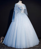 Light Blue Flowers Lace Round Neckline Ball Gowns Sweet 16 Dresses Blue Long Prom Dress