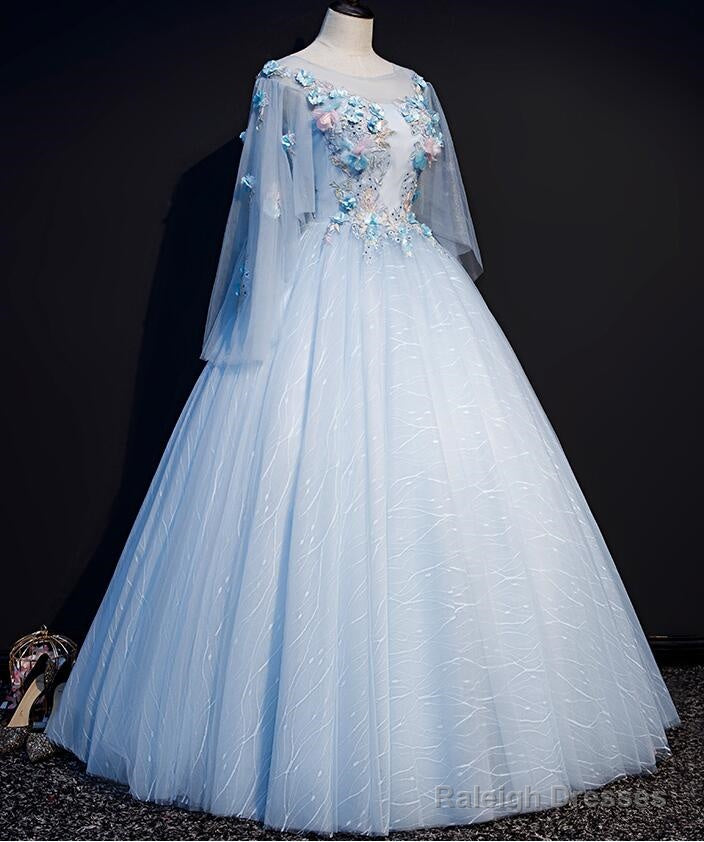 Light Blue Flowers Lace Round Neckline Ball Gowns Sweet 16 Dresses Blue Long Prom Dress
