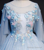Light Blue Flowers Lace Round Neckline Ball Gowns Sweet 16 Dresses Blue Long Prom Dress