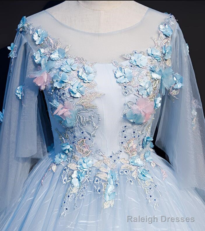 Light Blue Flowers Lace Round Neckline Ball Gowns Sweet 16 Dresses Blue Long Prom Dress