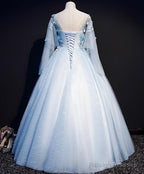 Light Blue Flowers Lace Round Neckline Ball Gowns Sweet 16 Dresses Blue Long Prom Dress