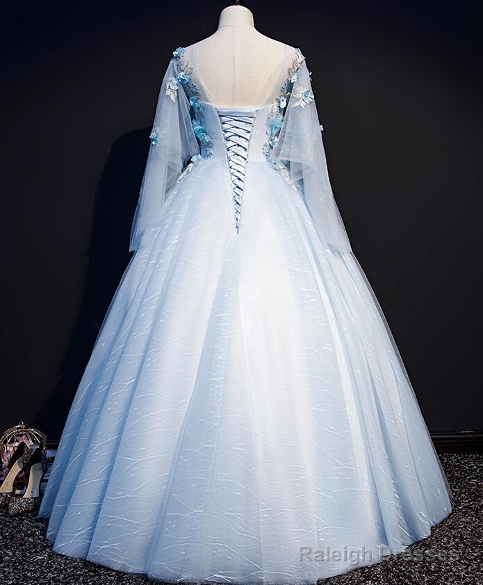Light Blue Flowers Lace Round Neckline Ball Gowns Sweet 16 Dresses Blue Long Prom Dress