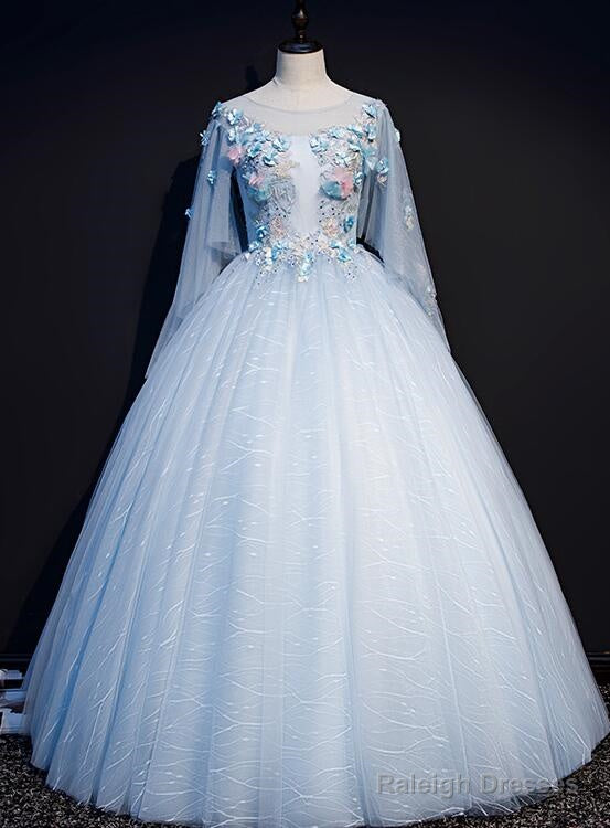 Light Blue Flowers Lace Round Neckline Ball Gowns Sweet 16 Dresses Blue Long Prom Dress Main image