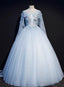Light Blue Flowers Lace Round Neckline Ball Gowns Sweet 16 Dresses Blue Long Prom Dress