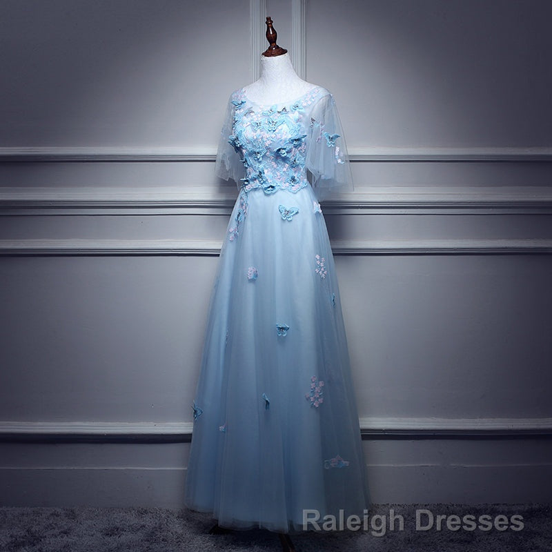 Light Blue Flowers Long Party Dress, A-line Tulle Party Dress Evening Dress