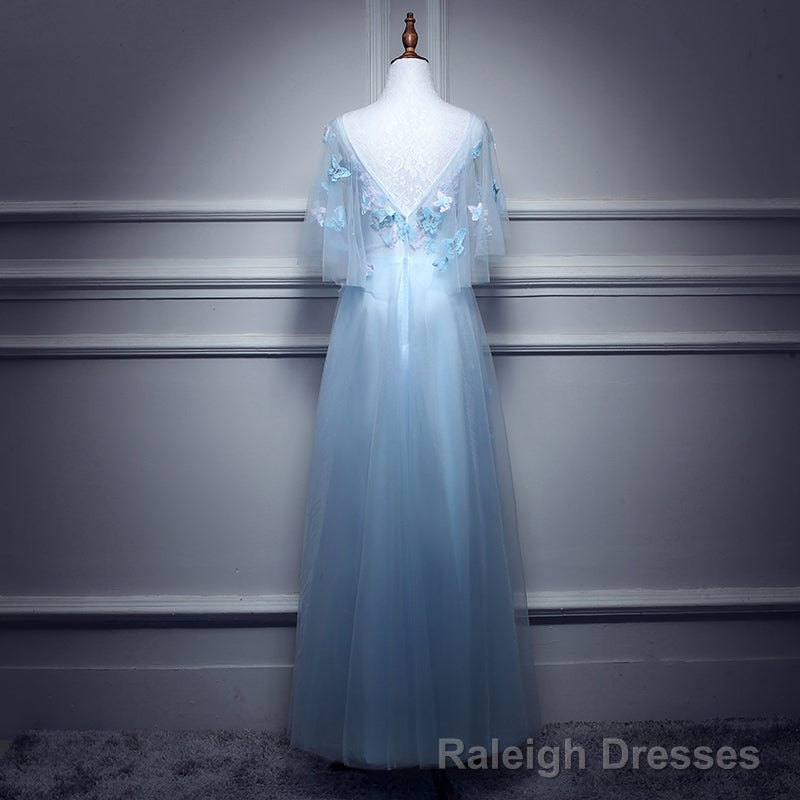 Light Blue Flowers Long Party Dress, A-line Tulle Party Dress Evening Dress