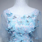 Light Blue Flowers Long Party Dress, A-line Tulle Party Dress Evening Dress