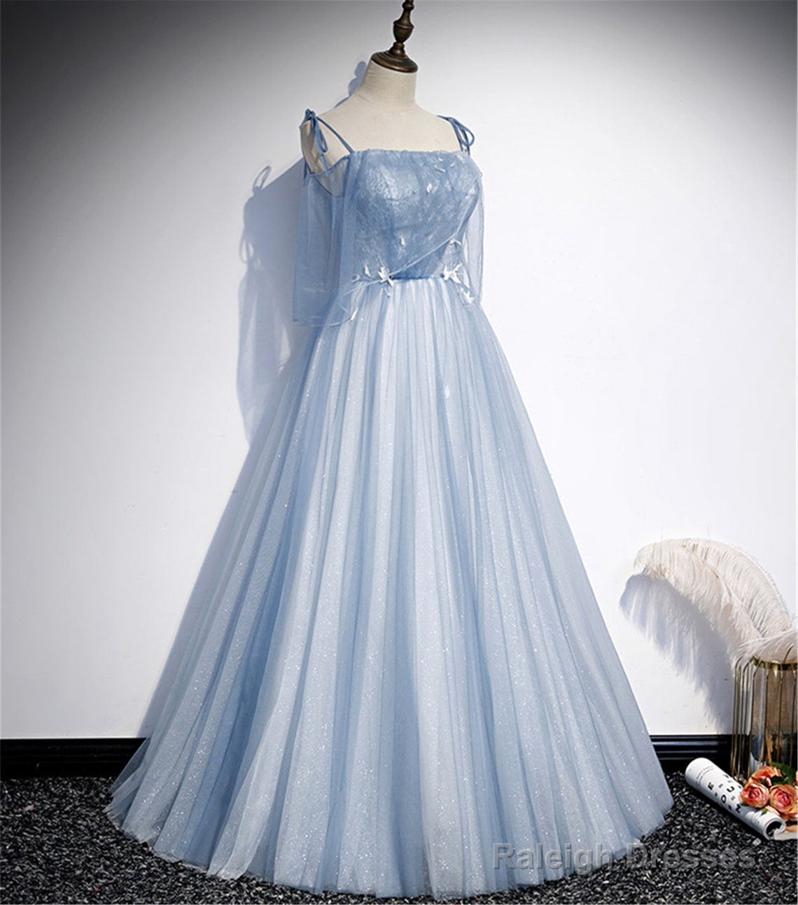 Light  Blue Glitter Spaghetti Straps Formal Dress,  Lace Up Back Wedding Dress Glitter Tulle Prom Dresses Secondary image