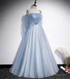 Light  Blue Glitter Spaghetti Straps Formal Dress,  Lace Up Back Wedding Dress Glitter Tulle Prom Dresses