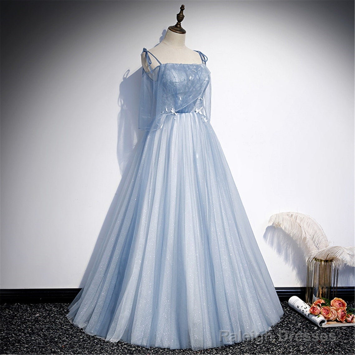Light  Blue Glitter Spaghetti Straps Formal Dress,  Lace Up Back Wedding Dress Glitter Tulle Prom Dresses