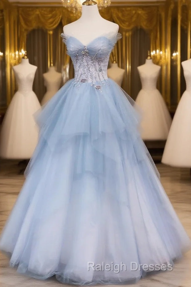 Light Blue Gradient Tulle With Beaded Long Formal Dress, Light Blue Long Prom Dress