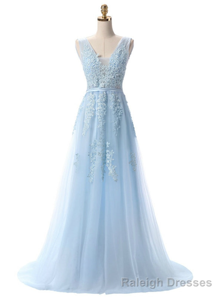 Light Blue Lace Appliques Backless Prom Dress Main image
