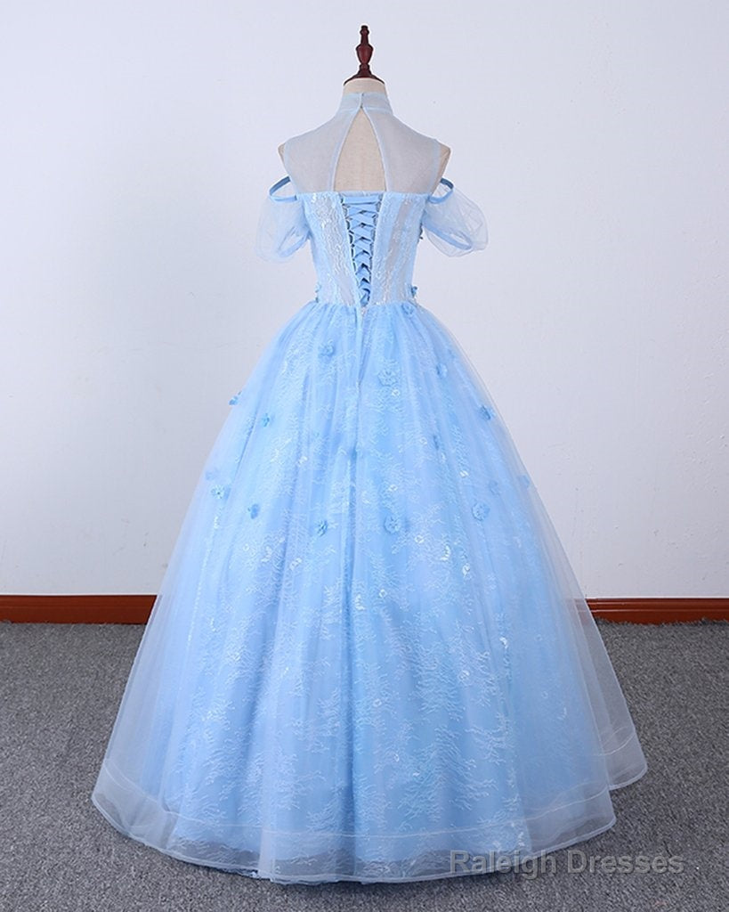 Light Blue Lace High Neck Lace Applique Ball Gowns Lace Sweet 16 Dresses Prom Dresses